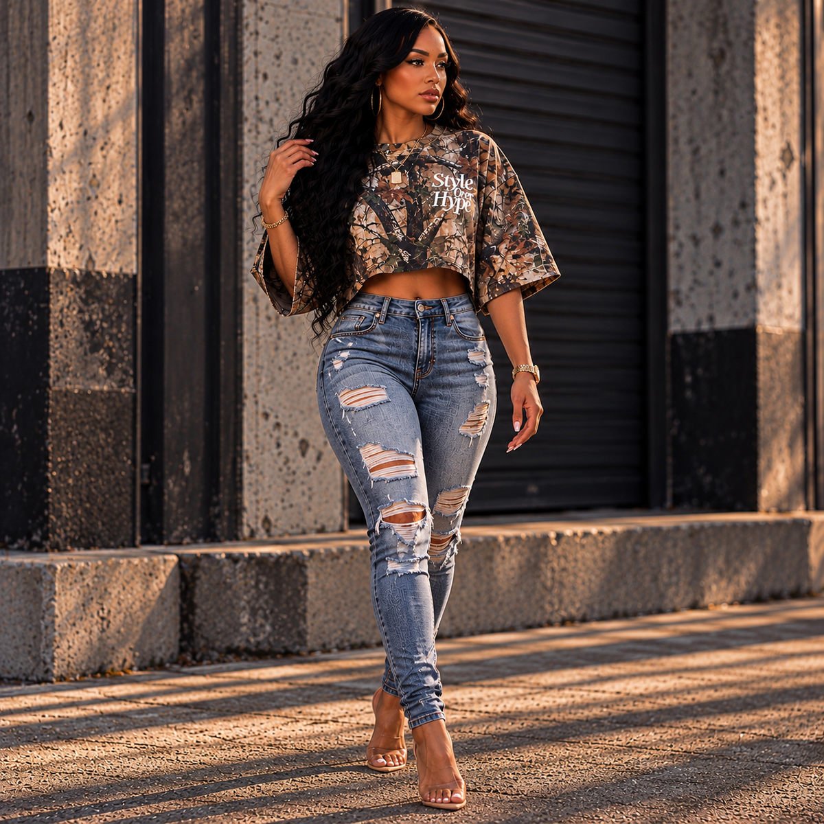 Oversized Cropped Hunting Camo Crewneck